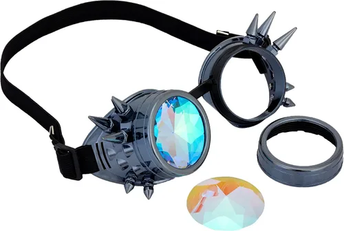Vista 169 de Gafas de caleidoscopio retro con pinchos, gafas de cristal arcoíris steampunk estilo soldadura, gafas de cosplay punk