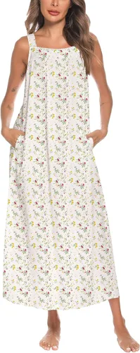 Vista 49 de YOZLY Camisones de algodón para mujer con bordado, sin mangas, con bolsillos S-XXXL