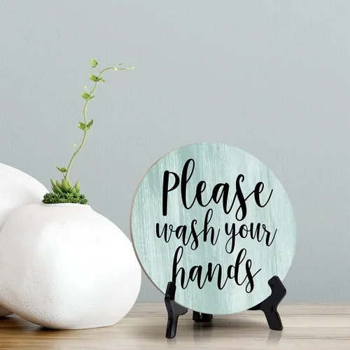 Vista 3 de Round Please Wash Your Hands, letrero decorativo de mesa de baño verde claro con caballete acrílico