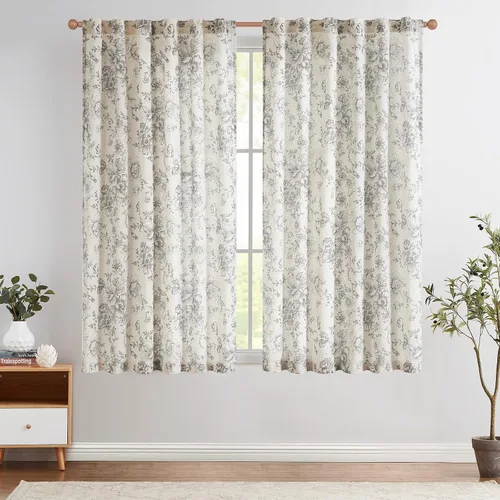 Vista 30 de Jinchan Cortinas de Mezcla de Lino con Estampado Floral para Sala de Estar, 84 Pulgadas de Largo, Cortinas con Bolsillo para Varilla y Tab Trasera
