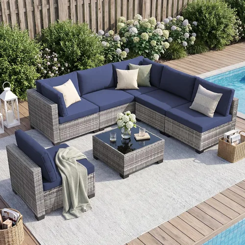Vista 15 de FHFO 7 Piece Patio Furniture Set, Outdoor Wicker Sectional Sofa Set 1/ Gris Gris Claro