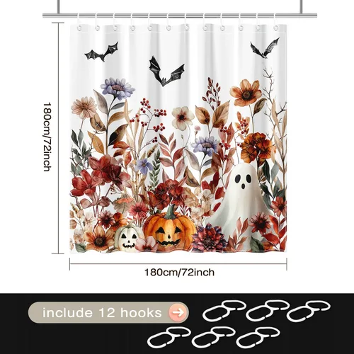 Vista 3 de Lindameler Cortina de ducha de Halloween para baño, cortina de ducha espeluznante con diseño floral de calabaza, fantasma, para decoración