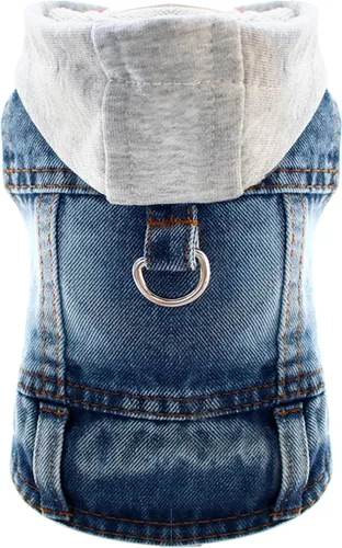 Vista 8 de Chaqueta de mezclilla para perro con anillo en D, abrigo de mezclilla azul, trajes para perros pequeños, gatos, macho, niña, ropa de cumpleaños