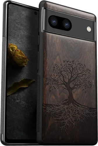 Vista 12 de Carveit Funda de madera para Pixel 7a [madera natural y TPU suave negro] a prueba de golpes, funda protectora de madera única y elegante compatible