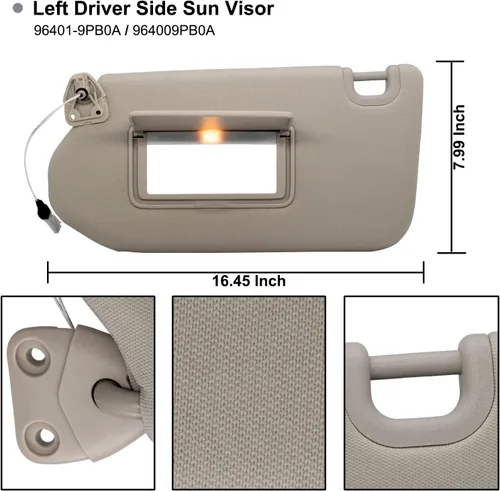 Vista 4 de NHILES Visera Solar Izquierda del Conductor con Lámpara y Espejo para Nissan Pathfinder 2013-2020 2014-2020 Infiniti QX60 y 2013 Infiniti JX35, OEM