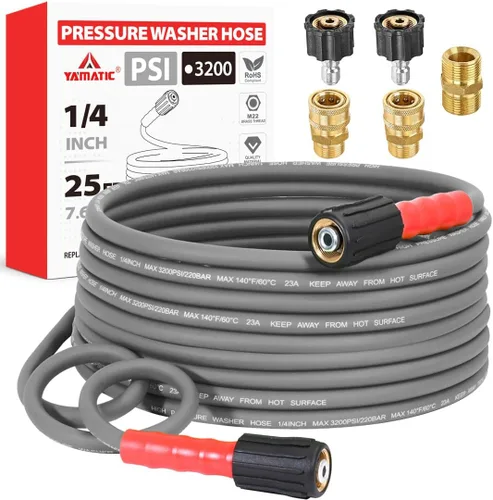 Vista 15 de YAMATIC Manguera de lavado a presión de 3600PSI para lavadora eléctrica de 25 pies x 1/4 pulgadas, resistente a las torceduras, manguera de repuesto