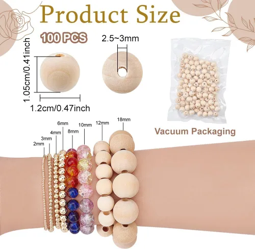 Vista 2 de PH PandaHall Cuentas de madera, 100 cuentas espaciadoras de madera redondas naturales sin terminar de 0.472 pulgadas, bolas redondas de madera