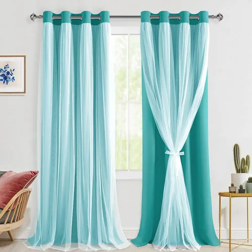 Vista 89 de Hiasan Cortinas opacas con superposición transparente, aislamiento térmico para mezclar y combinar de doble capa, cortinas de oscurecimiento de Beige