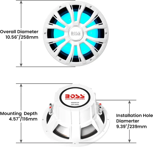 Vista 5 de BOSS Audio Systems MRGB10W Subwoofer para barco de 10 pulgadas, 800 vatios máximo, bobina de voz dual de 2 ohmios, iluminación multicolor
