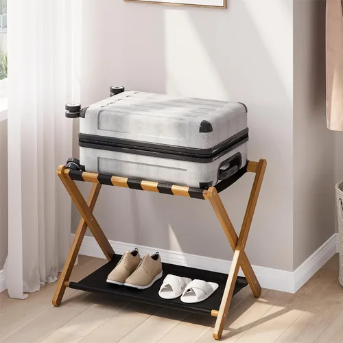 Vista 10 de Smart FENDEE Portaequipajes, portaequipajes plegable para habitación de invitados, soporte de maleta de bambú marrón con capacidad para hasta 131