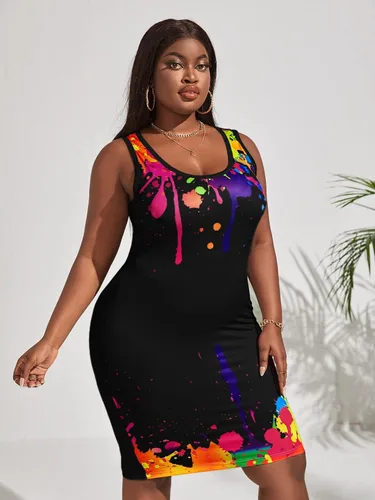 Vista 4 de OYOANGLE Vestido de verano sin mangas con estampado de verano para mujer, cuello redondo, ajustado, corte entallado