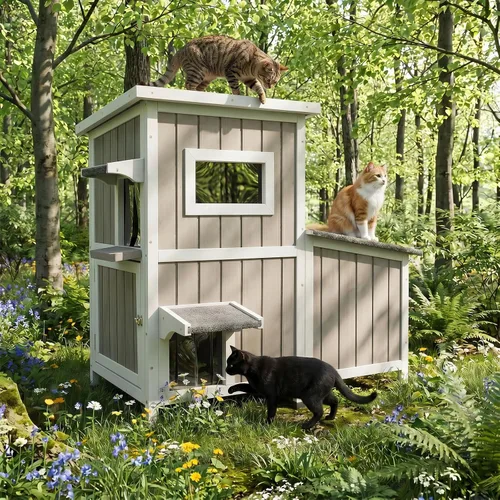 Vista 10 de Casa de madera para gatos para exteriores e interiores, resistente a la intemperie, refugio para gatos de dos pisos, hogar cerrado para gatos