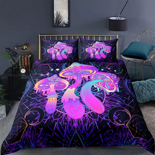 Vista 16 de Juego de funda de edredón psicodélico de fantasía con diseño de hongos psicodélicos, galaxia, verde cielo, morado, diseño de hongos estrellados, #1