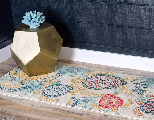 Vista 5 de Unique Loom Positano Collection - Alfombra costera moderna de tortugas en beige, de la colección Positano (2 x 7 pies)