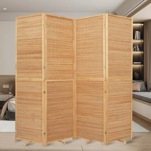 Vista 13 de Panel divisor de habitación de bambú con patas giratorias de 360°, 3 paneles de 47 pulgadas de alto, pantalla de privacidad plegable corta