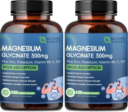 Vista 8 de NATURE TARGET Glicinato de Magnesio 500mg, Magnesio Quelado con Zinc y Vitamina D3 para Músculos, Nervios y Huesos, Apoya la Salud del Corazón