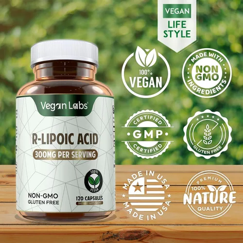 Vista 3 de Vegan Labs Ácido R-lipoico de 300 MG, 120 cápsulas veganas, apoya la energía celular y la protección antioxidante, sin gluten, sin OMG, suplemento