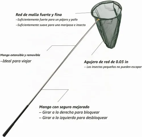 Vista 3 de RESTCLOUD Red profesional para insectos y mariposas con anillo de 14 pulgadas, profundidad neta de 26 pulgadas, mango telescópico de 59 pulgadas que
