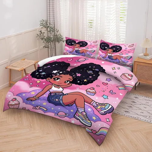 Vista 3 de kxry Lindo juego de edredón de niña negra, juegos de ropa de cama individual de niña afroamericana para niños, bonito edredón de nubes estrelladas