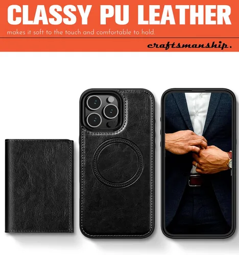 Vista 5 de LOHASIC Funda tipo cartera para iPhone 16 Pro Max, MagSafe, tarjetero, color negro