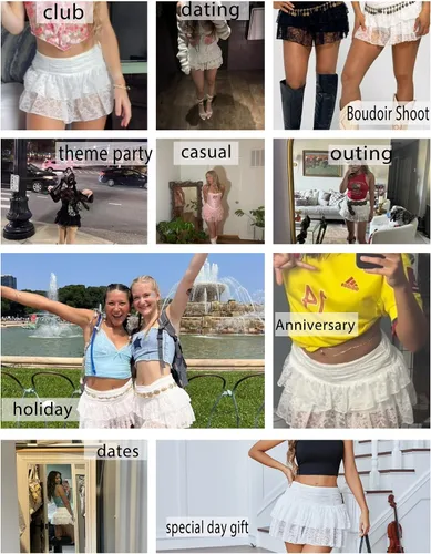 Vista 5 de Avidlove - Minifalda con capas de encaje Y2K para mujer, de cintura alta, con volantes, Skort, conjuntos bohemios, microfaldas Blanco