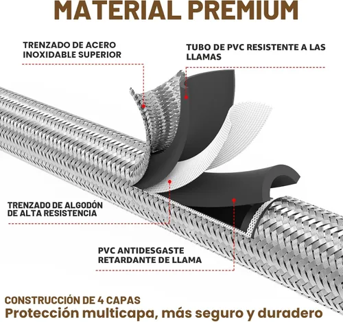 Vista 4 de Extensión de manguera de propano trenzada de alta presión mejorada de 6 pies con acoplamiento de conversión de abocinado de 3/8" a NPT hembra