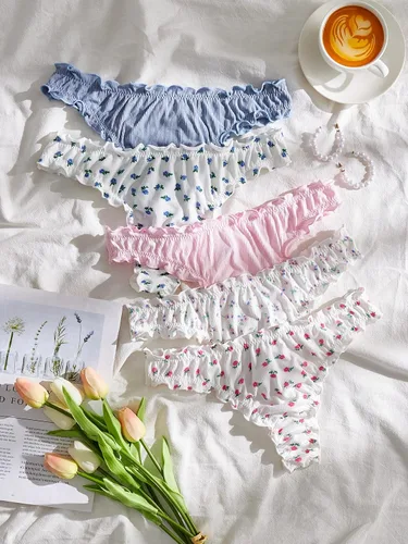 Vista 5 de Cozyease Conjunto de 5 piezas para mujer con estampado floral y ribete de lechuga de tiro bajo