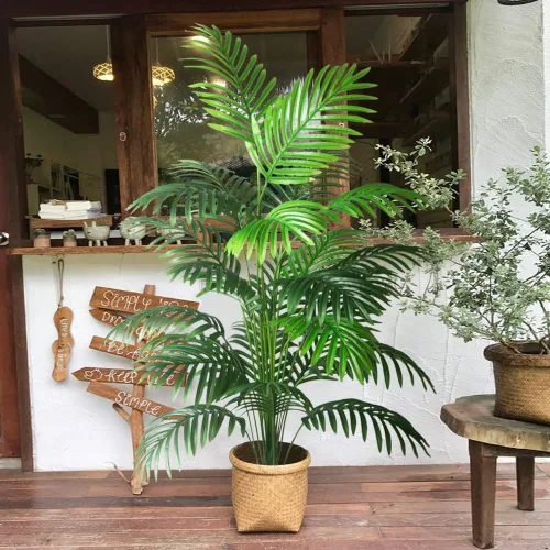 Vista 2 de 2 plantas artificiales grandes de 4 pies, palmeras artificiales falsas, hojas de palmera tropicales, plantas de palmera falsas, árbol alto