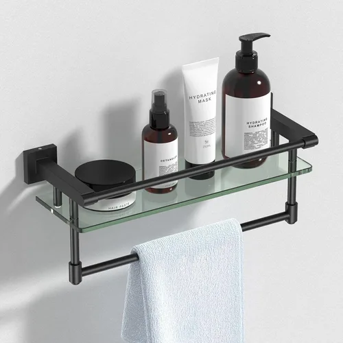 Vista 19 de Estante de vidrio para baño de 20 pulgadas, estantes de baño con barra para toallas, estantes de vidrio templado con soporte para toallas de acero