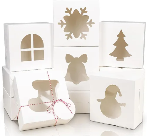 Vista 16 de COTOPHER 18 cajas de galletas de Navidad con ventana, 10 x 10 x 2.5 pulgadas, cajas de panadería marrones para regalo, cajas de postre de papel