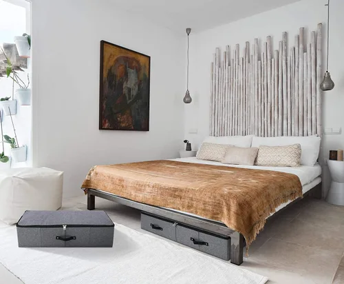 Vista 6 de 2 cajas de almacenamiento plegables debajo de la cama con forro de soporte de plástico, asas, tapa con cremallera, mantas, ropa y edredones