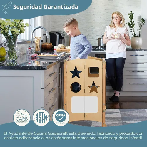 Vista 3 de Guidecraft Classic Kitchen Helper® - Torre para niños pequeños, color gris: plegable, altura ajustable, taburete de aprendizaje para niños