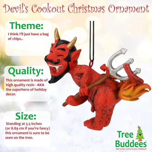 Vista 2 de Tree Buddees Devil's Cookout - Adorno navideño divertido con el diablo cocinando un perro caliente