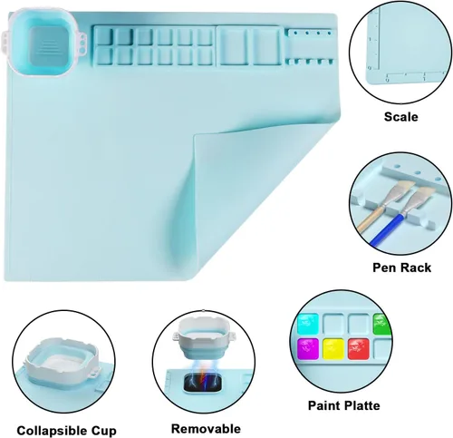 Vista 3 de Tapete de silicona para manualidades, tapete de pintura de silicona de 20 x 16 pulgadas con taza, hoja de silicona antiadherente para fundición
