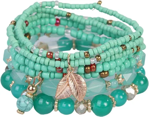 Vista 15 de 4 piezas de juego de pulseras bohemias apilables de múltiples capas con cuentas de cristal coloridas, pulseras elásticas con cuentas de oro Verde