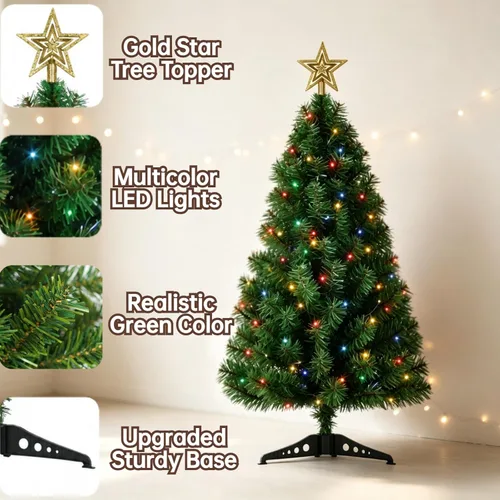 Vista 4 de Artificial Small Christmas Tree, 3FT Artificial Desktop Green Xmas Tree with String Light & 140 Branch Tips for Home Office Holiday Decor