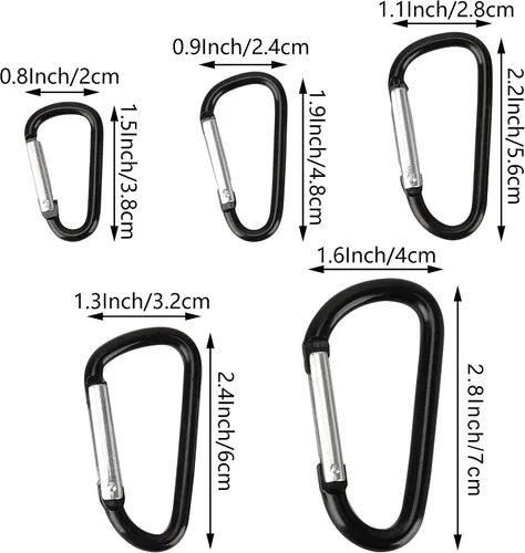 Vista 2 de SWATOM Mosquetón de aluminio con clip de gancho a presión llavero de 1.5/1.9/2.2/2.4/2.8 pulgadas, mosquetones negros (10P/20P)
