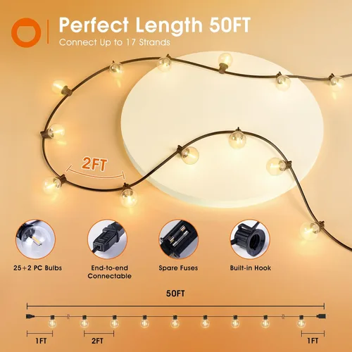 Vista 5 de addlon Tira de luces LED de 50 pies para exteriores, luces de patio G40 regulables con 27 bombillas inastillables para patio, casa, balcón
