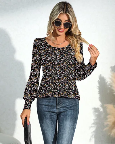 Vista 3 de Ficerd Blusa plisada de manga corta abombada para mujer, cuello redondo, elegante, casual, holgada, para primavera y verano