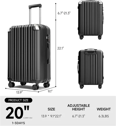 Vista 8 de SunnyTour Juego de equipaje expandible con ruedas giratorias dobles, juego de maleta dura de 3 piezas para viajes cortos y viajes largos, Negro
