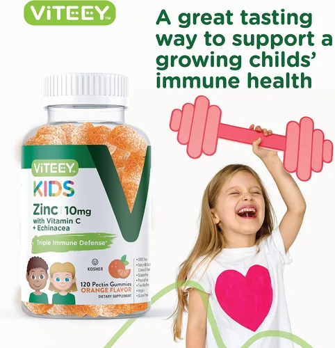 Vista 6 de Viteey Gomitas de zinc para niños de 10 mg, con vitamina C y equinácea, apoyo inmunológico, potente antioxidante natural, suplemento de vitamina