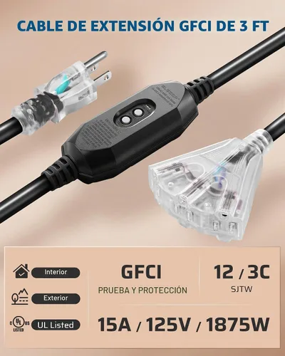 Vista 2 de DEWENWILS Cable de extensión GFCI para exteriores de 3 pies, cable de extensión de calibre 12/3 para múltiples electrodomésticos, cable