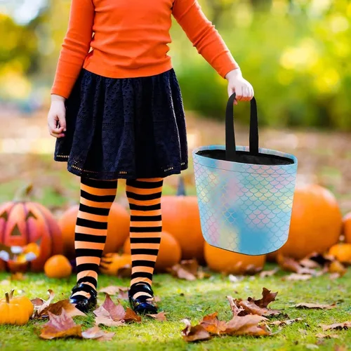 Vista 6 de Cubo de cubo de Halloween con diseño de sirena arcoíris, bolsa de dulces para niños, decoraciones de Halloween