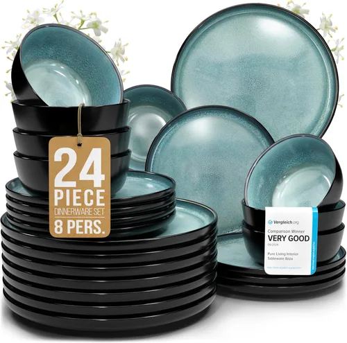 Vista 33 de Juego de vajilla de gres para 4 personas 12 piezas – Juego de platos y cuencos negros mate – Apto para lavavajillas, microondas y resistente a
