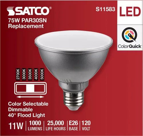Vista 4 de Satco S11583; LED PAR30SN de 11 vatios; base media; acabado plateado; CCT seleccionable; 120 voltios; ángulo de haz de 40 grados