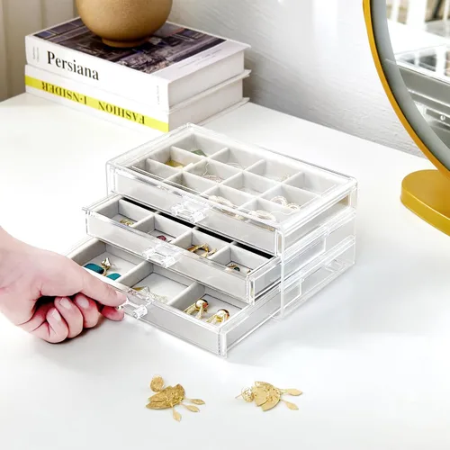 Vista 5 de ProCase Juego de 3 bandejas apilables para joyas con caja organizadora de joyas transparente con 3 cajones