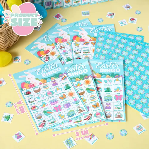 Vista 4 de JOYIN Tarjeta de bingo de Pascua para 28 jugadores (5 x 5) con color azul para niños, niñas y adultos, juegos de Pascua, actividades escolares