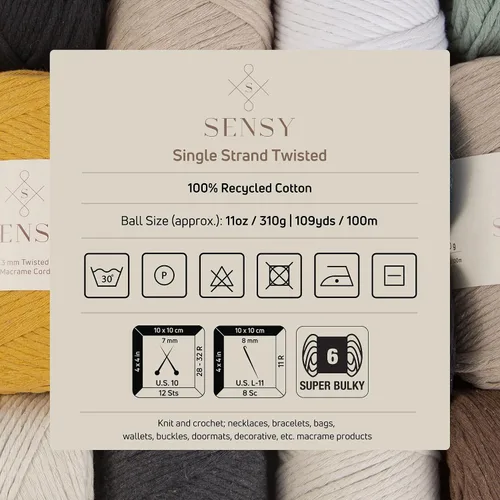 Vista 3 de Sensy - Cuerda de macramé prémium de 0.118 in, 109 yardas, 100% algodón, una hebra torcida, cuerda de macramé, hilo de algodón para macramé, hilo