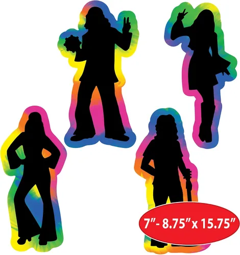 Vista 2 de Beistle Siluetas hippie de los años 60, 8 unidades – Recortes psicodélicos grandes con contornos retro de teñido anudado para fiestas geniales