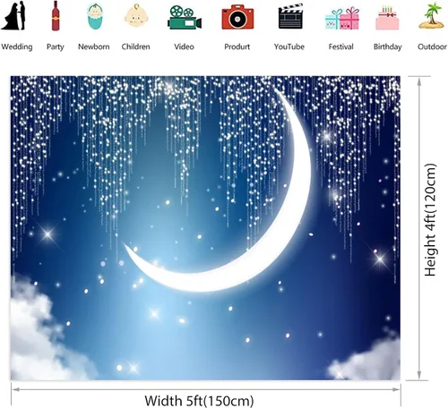 Vista 7 de Renaiss Twinkle Twinkle - Telón de fondo de estrella pequeña para sesión de fotos, 5 x 4 pies, media luna brillante, cielo nocturno, fondo